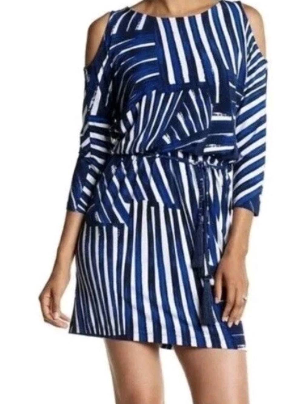 Calvin Klein Navy White Striped Cold Shoulder Mini Dress Tie Waist Flirty Chic